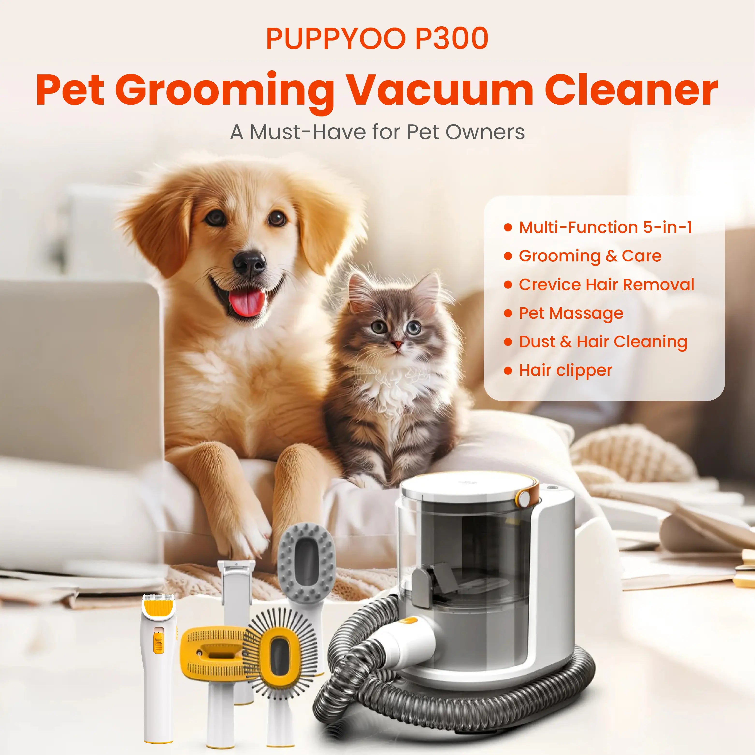 PUPPYOO 5-In-1 Pet Grooming Kit with 13000Pa Vacuum for Dogs & Cats, 1.5L Dust Cup, 4M Cord, Whisper-Quiet Operation, Adjustable Guard Combs, Hair Remover Roller