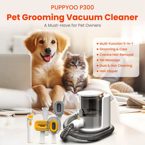 PUPPYOO 5-In-1 Pet Grooming Kit with 13000Pa Vacuum for Dogs & Cats, 1.5L Dust Cup, 4M Cord, Whisper-Quiet Operation, Adjustable Guard Combs, Hair Remover Roller